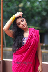 Pink Handloom Cotton Saree With White Designer Print Blouse